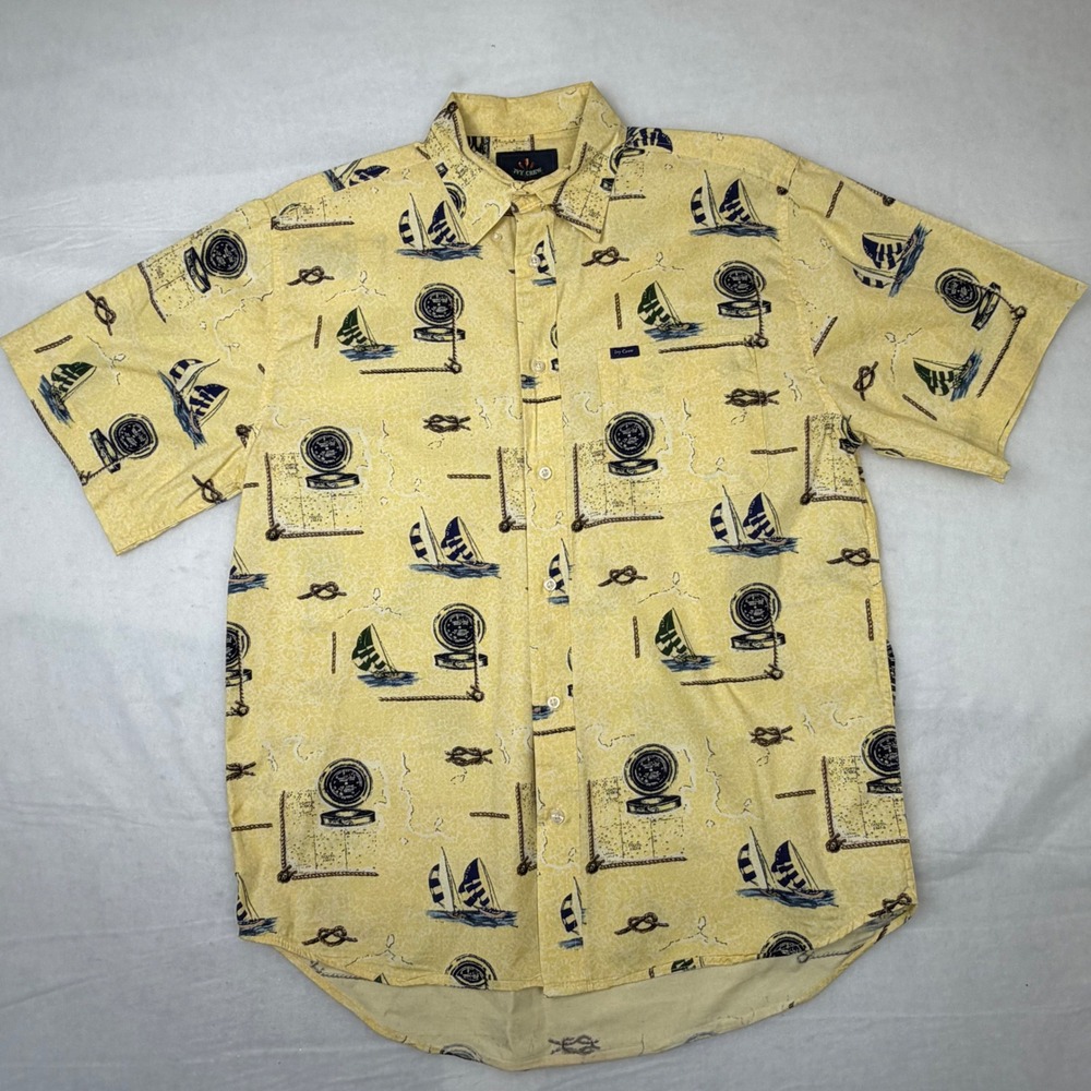Ivy Crew Mens Large Yellow Nautical Sailboat Compass Cotton Button‎ Down Shirt
